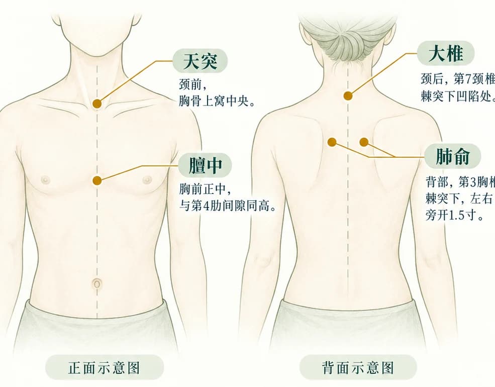 胸背穴位图：天突、膻中、大椎与肺俞的位置
