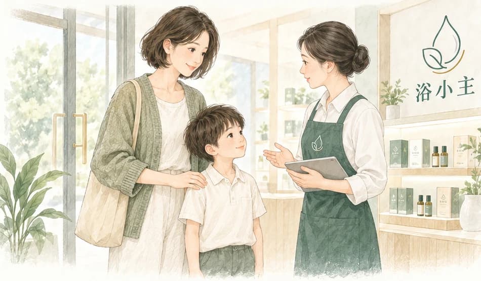 妈妈带孩子到店，与工作人员一起确认使用情况