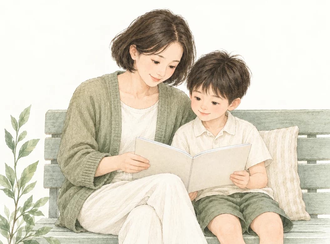 妈妈和孩子坐在长椅上，一起翻看阅读手册