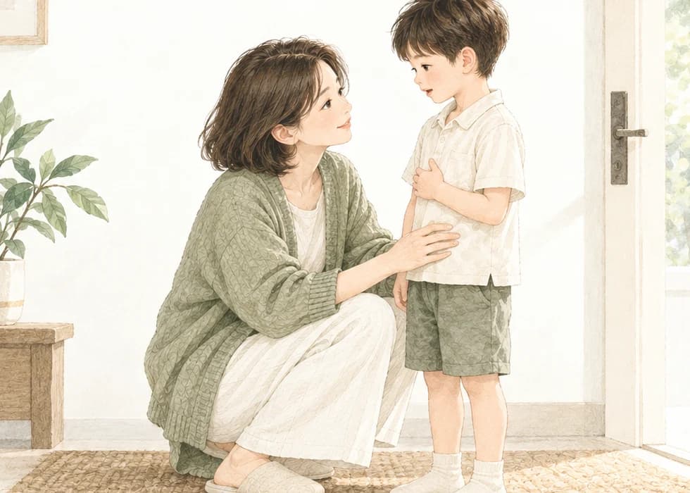 妈妈蹲下来，认真听孩子说哪里不舒服