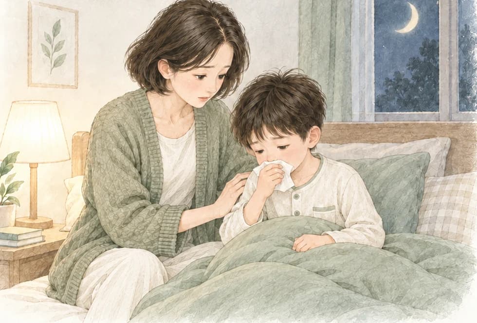 夜里孩子咳嗽醒来，妈妈坐在床边照顾他