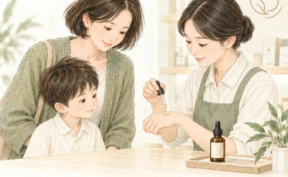 门店工作人员向妈妈和孩子展示油的质地与草本气味