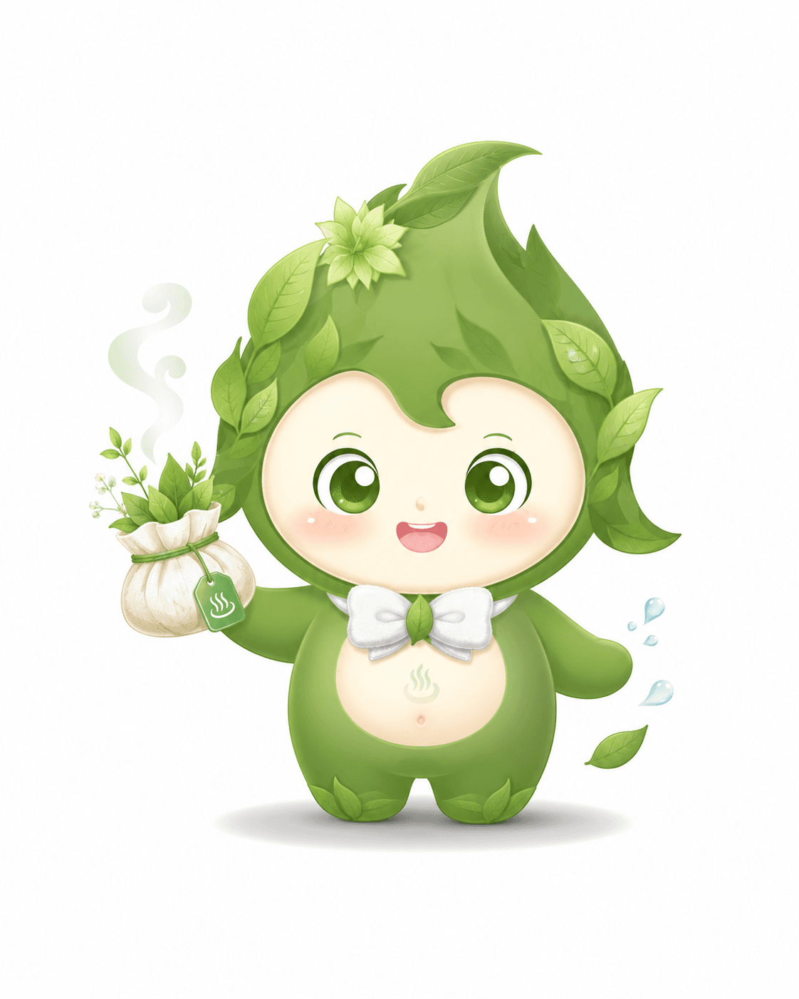 浴小主品牌吉祥物「小浴宝」——草本叶子精灵，手拎温热草本包